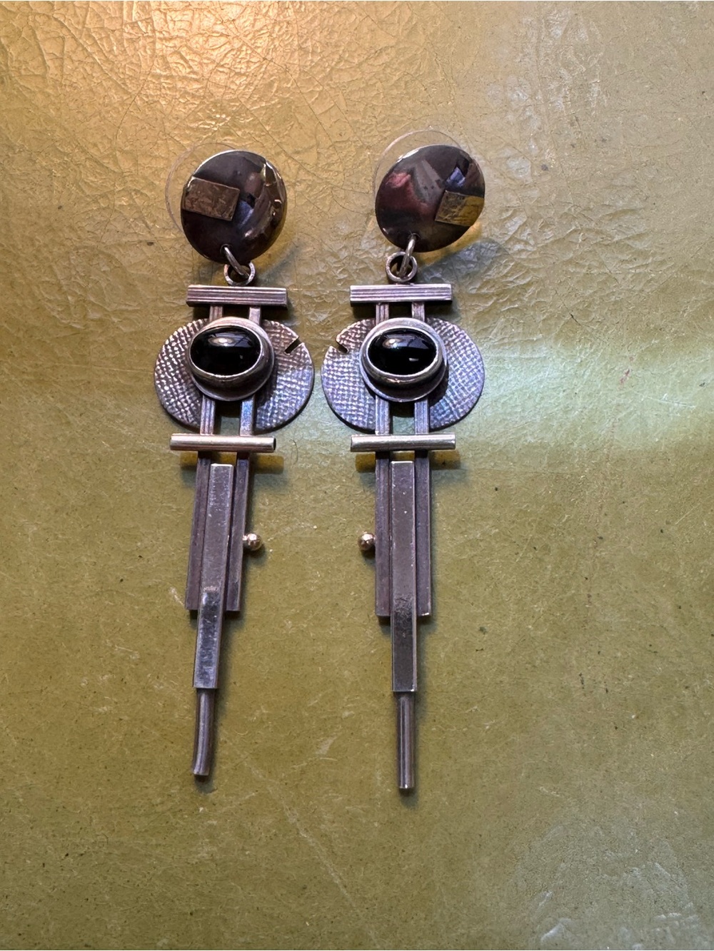Vintage handcrafted artisan bimetal earrings with Onyx bezel set stones